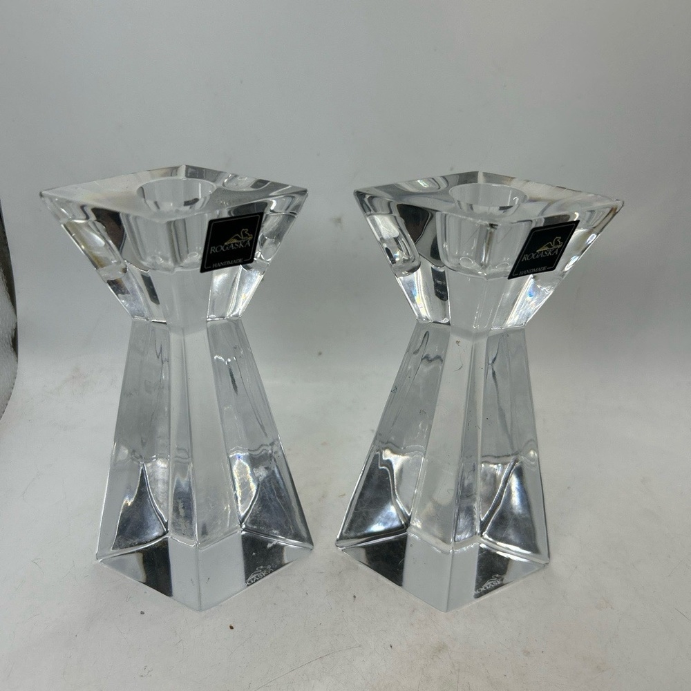 Rogaska Candle Holders Modern Crystal Hexagonal‎ Base Tapered Handmade Slovenian